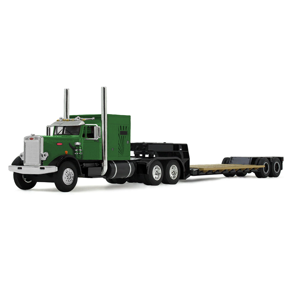 Model of a green and black truck with a lowboy trailer on a white background