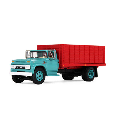 An turquoise GMC grain truck model with a red grain bed and turquoise wheels, shown on a clean white background.