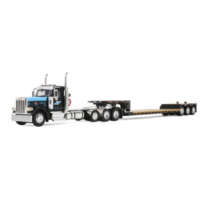 Model of a Peterbilt 589 Tractor pulling a Machinery Lowboy Trailer in Black and Blue Paint on a White Background
