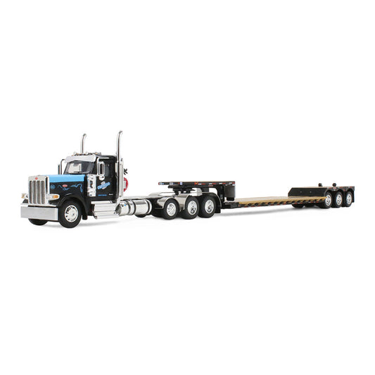 Model of a Peterbilt 589 Tractor pulling a Machinery Lowboy Trailer in Black and Blue Paint on a White Background