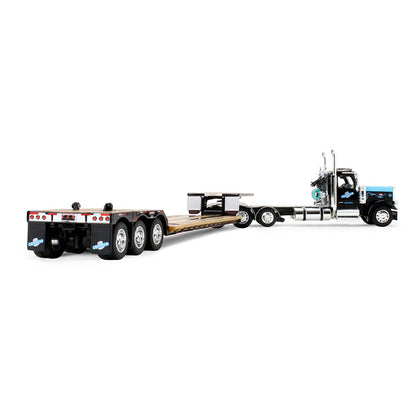 Model of a Peterbilt 589 Tractor pulling a Machinery Lowboy Trailer in Black and Blue Paint on a White Background