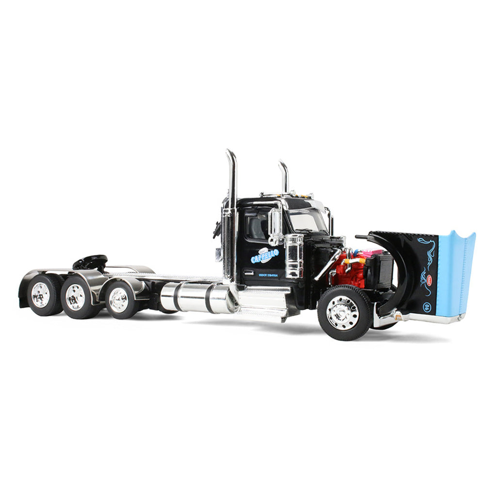 Model of a Peterbilt 589 Tractor with its hood open in Black and Blue Paint on a White Background