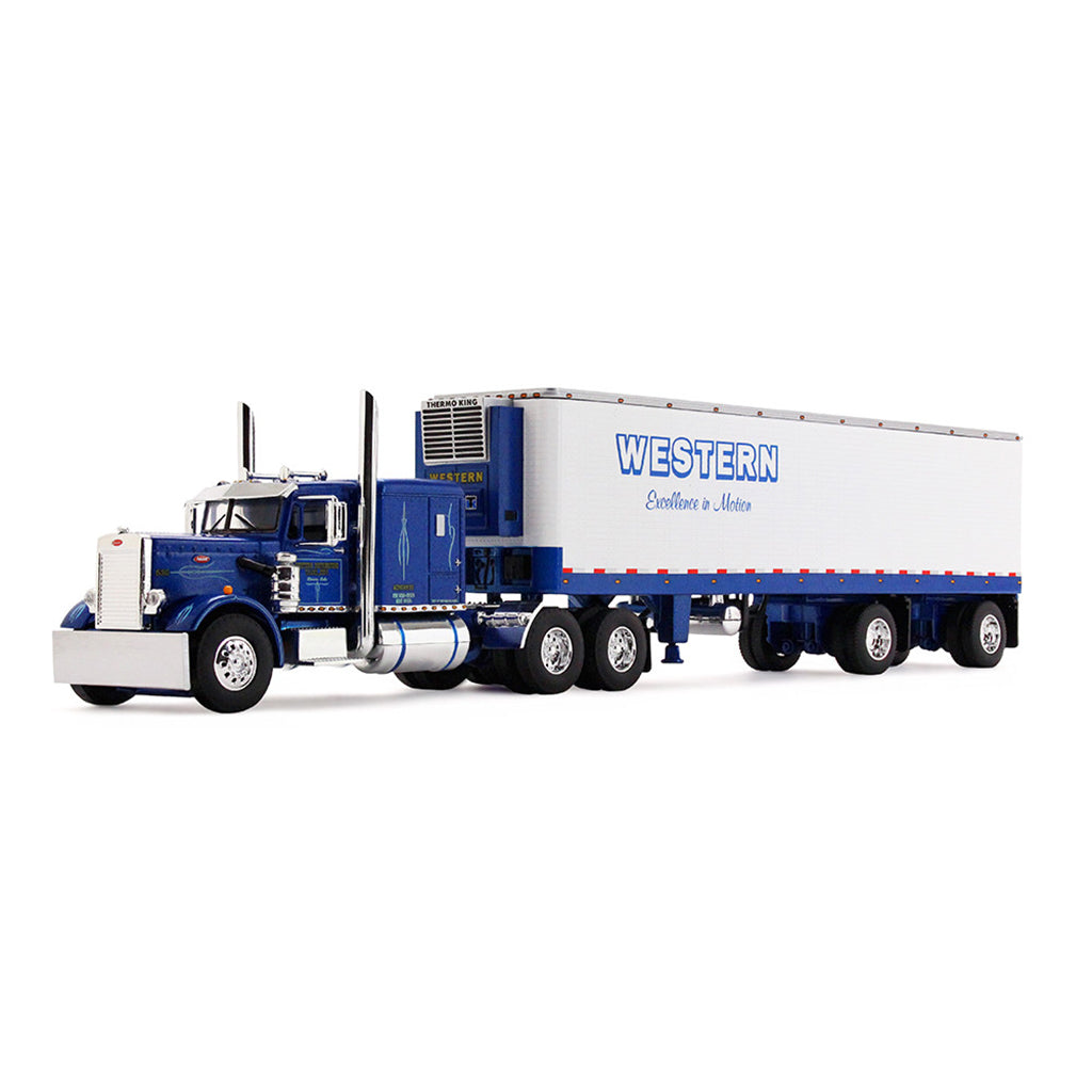 A die-cast model of a Peterbilt semi-truck with a white refrigerated trailer carrying Western Distributing, shown on a clean white background.