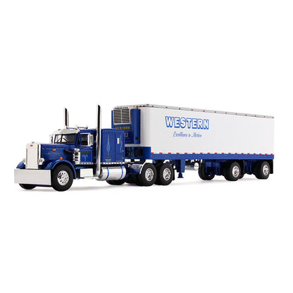 A die-cast model of a Peterbilt semi-truck with a white refrigerated trailer carrying Western Distributing, shown on a clean white background.