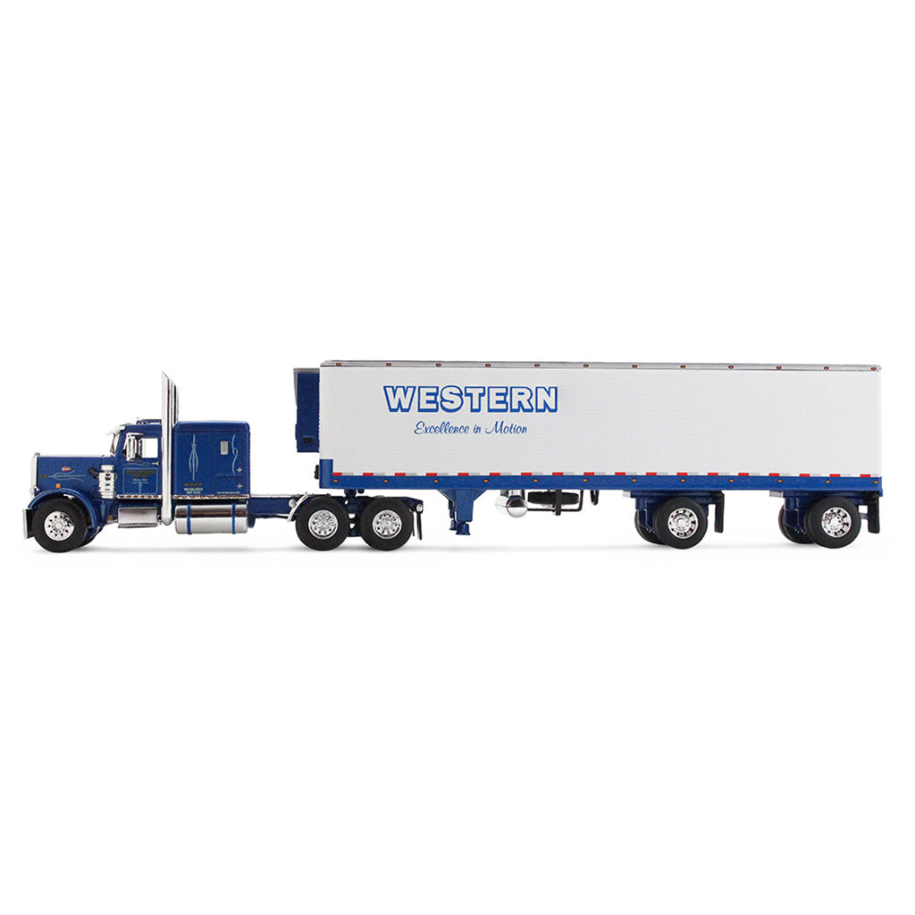 A die-cast model of a Peterbilt semi-truck with a white refrigerated trailer carrying Western Distributing, shown on a clean white background.