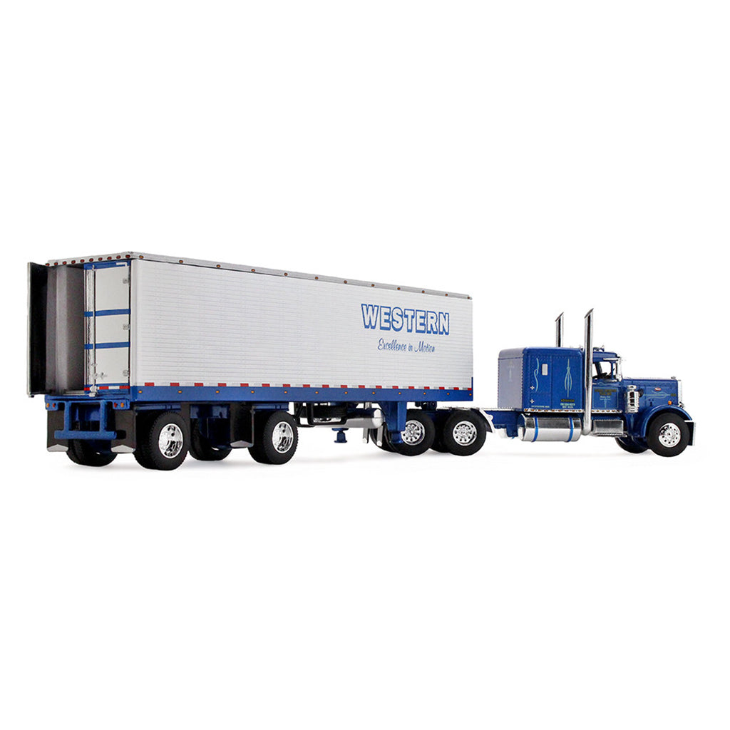 A die-cast model of a Peterbilt semi-truck with a white refrigerated trailer carrying Western Distributing, shown on a clean white background.