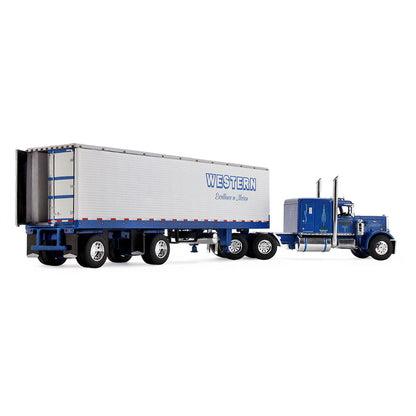 A die-cast model of a Peterbilt semi-truck with a white refrigerated trailer carrying Western Distributing, shown on a clean white background.