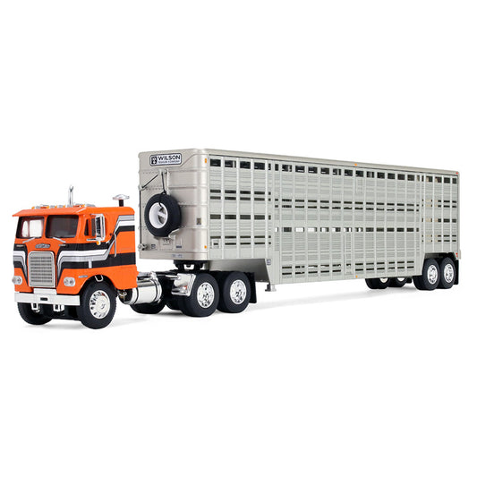 Model truck with an orange cab and gray trailer on a white background