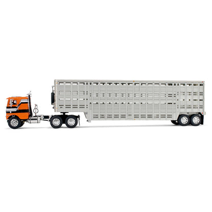 Model truck with an orange cab and gray trailer on a white background
