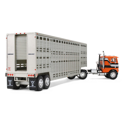 Model truck with an orange cab and gray trailer on a white background