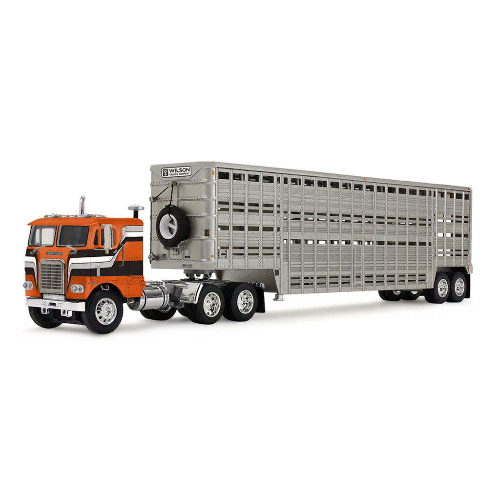 A die-cast model of a classic orange and white semi-truck pulling a long silver livestock transporter trailer, shown on a clean white background.