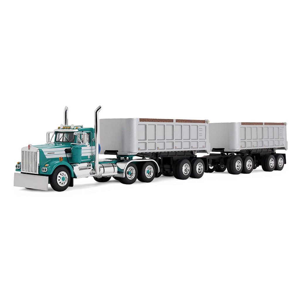 Model of a green and white truck with 2 trailers on a white background