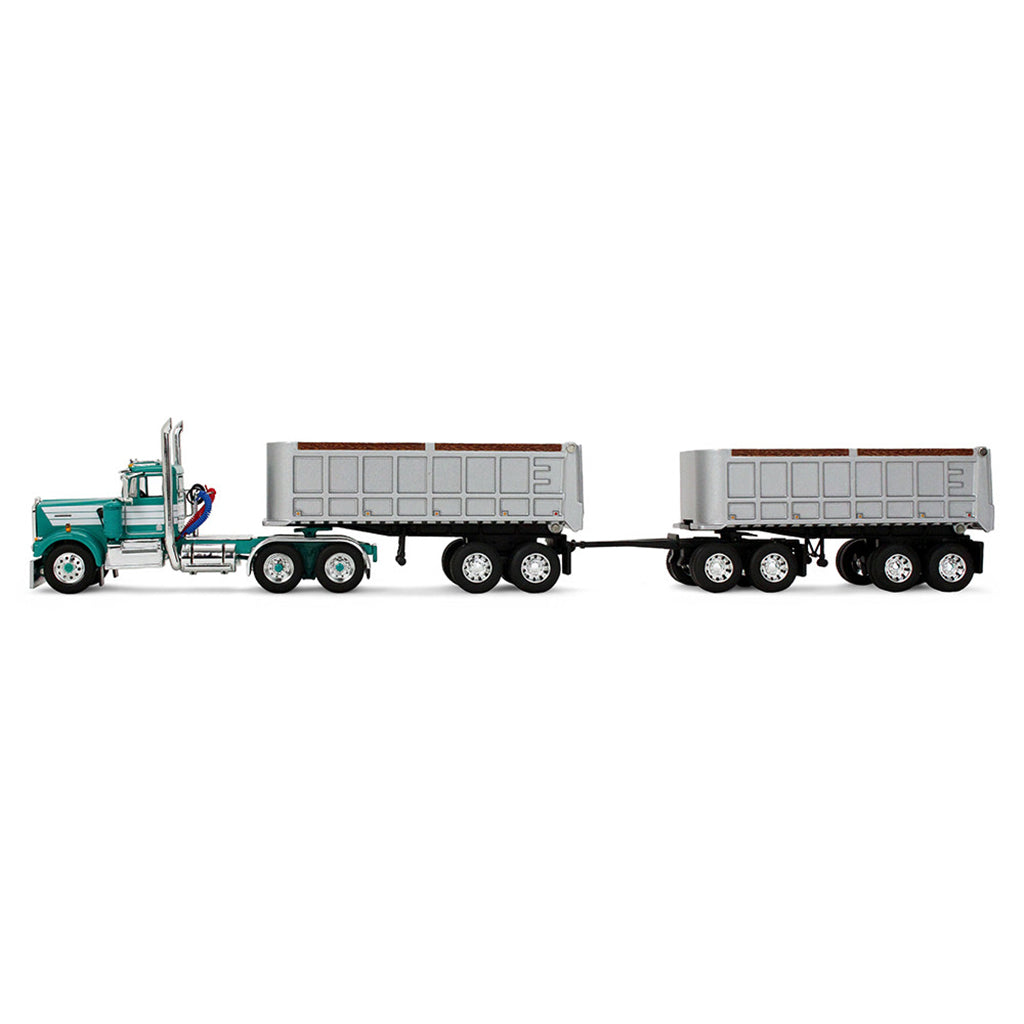 Model of a green and white truck with 2 trailers on a white background