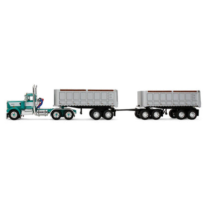 Model of a green and white truck with 2 trailers on a white background