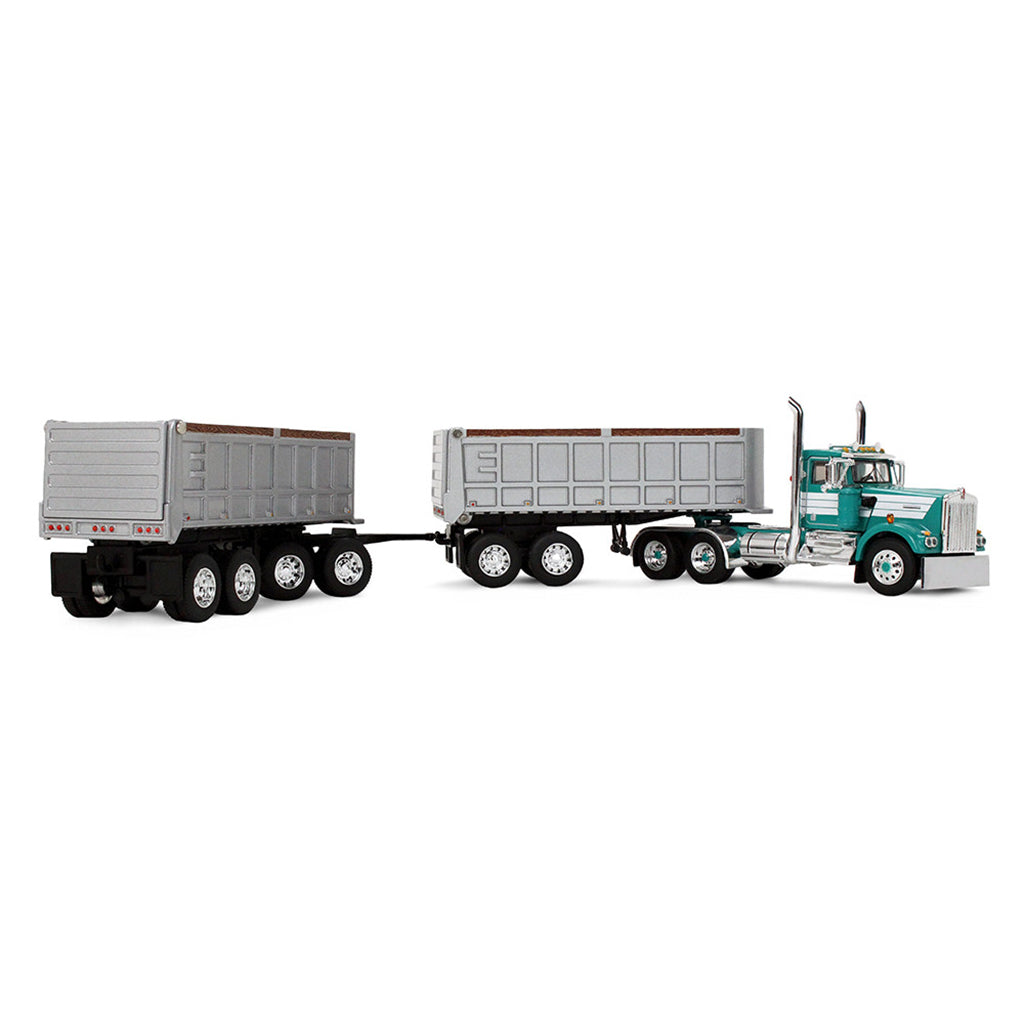 Model of a green and white truck with 2 trailers on a white background