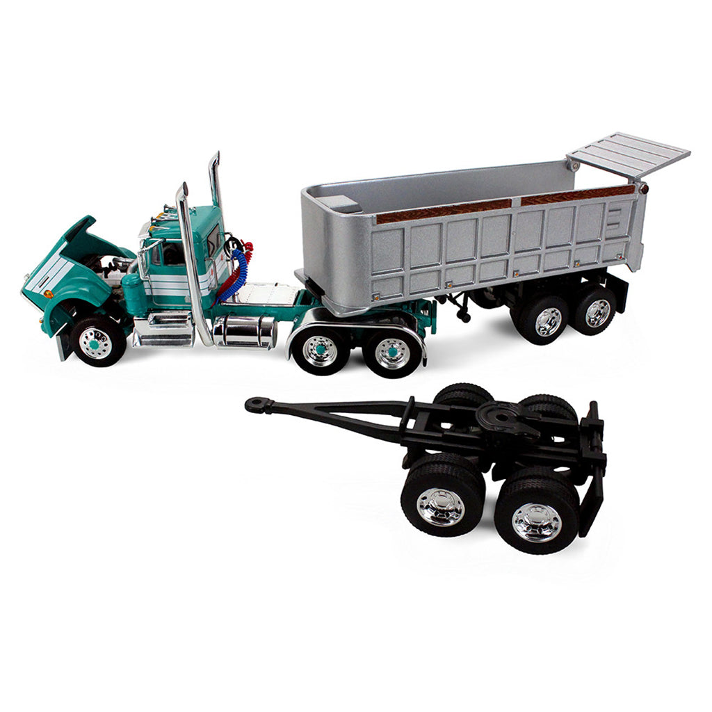 Model of a green and white truck with 2 trailers on a white background