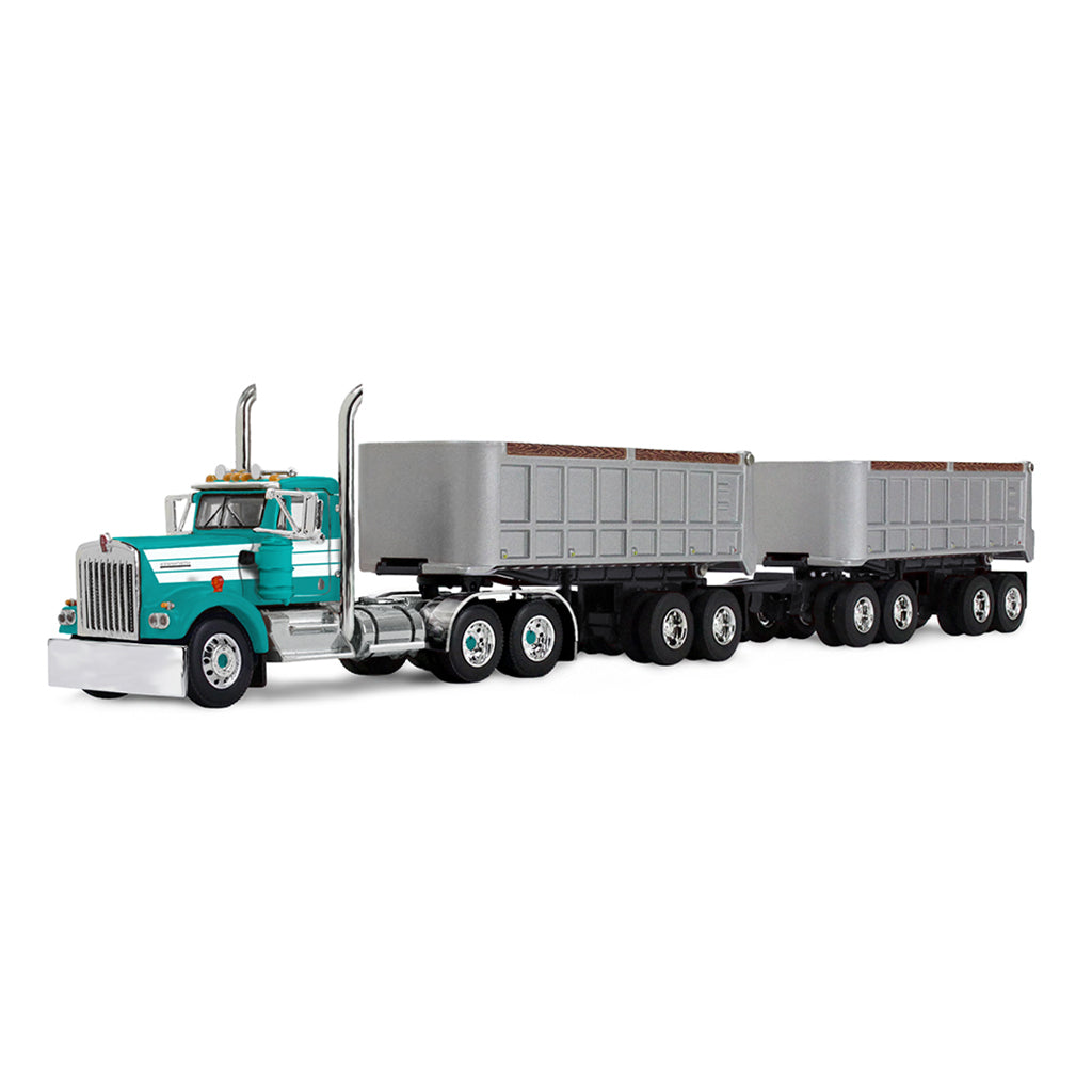 Model of a green and white truck with 2 trailers on a white background