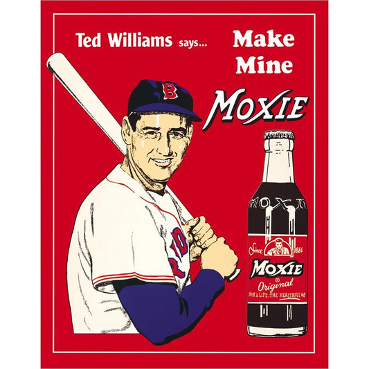 Vintage-style advertisement featuring a baseball player and Moxie bottle on a red background.