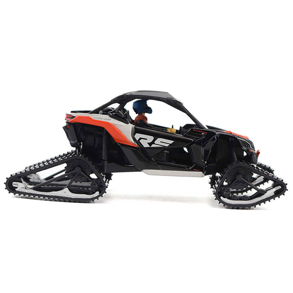 Model of a Can-Am Maverick X3 X rs Turbo RR Side-by-Side Winter Version ATV with Tracks (Chalk Gray/Magma Red) on a White Background