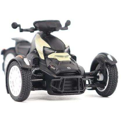 Model of a Can-Am Ryker Rally 3-Wheel Motorcycle (Sand Storm) on a White Background