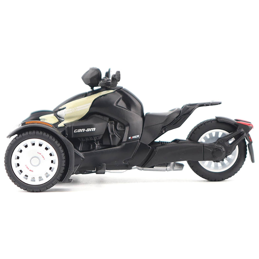 Model of a Can-Am Ryker Rally 3-Wheel Motorcycle (Sand Storm) on a White Background
