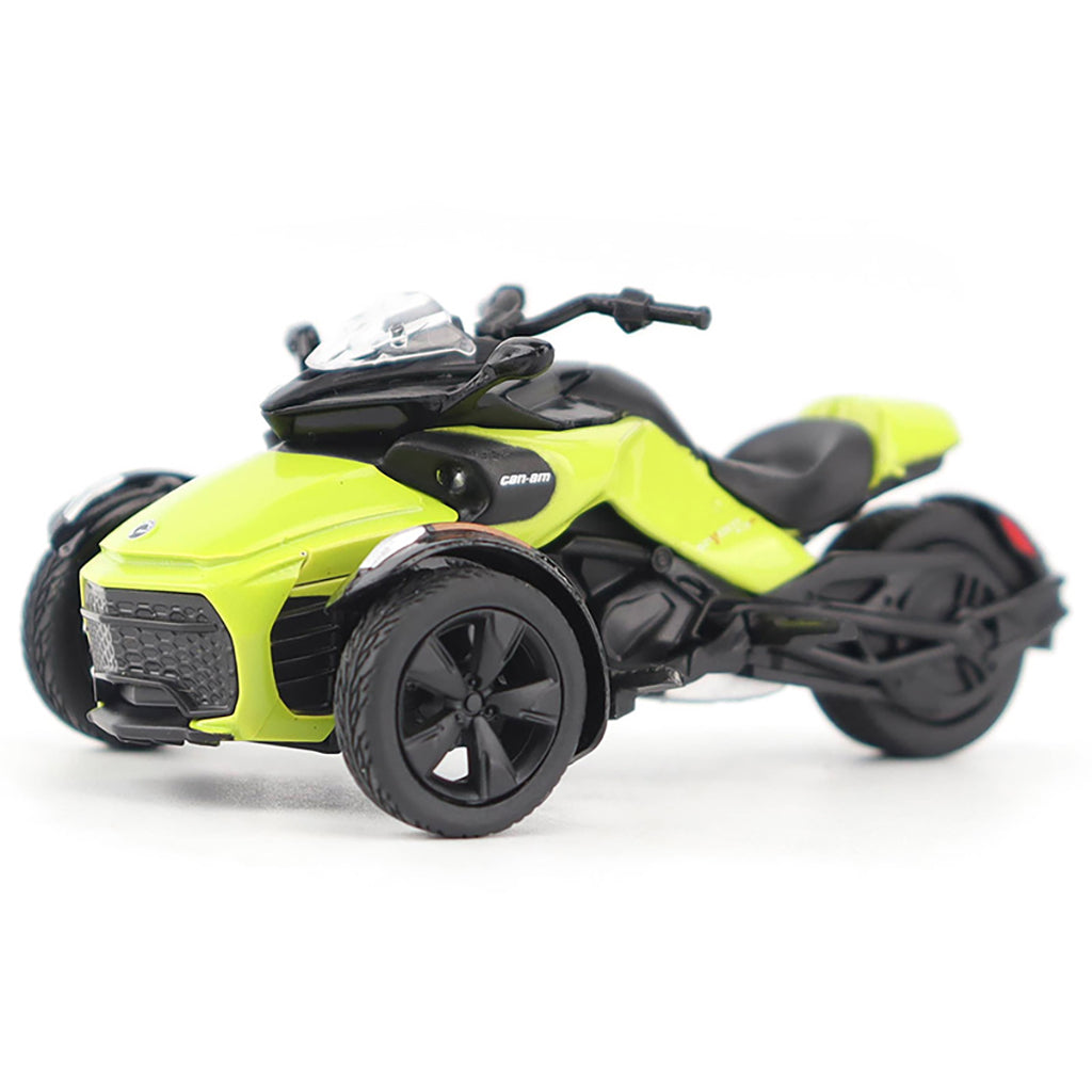 Model of a Can-Am Spyder F3 Special 3-Wheel Motorcycle (Manta Green) on a White Background