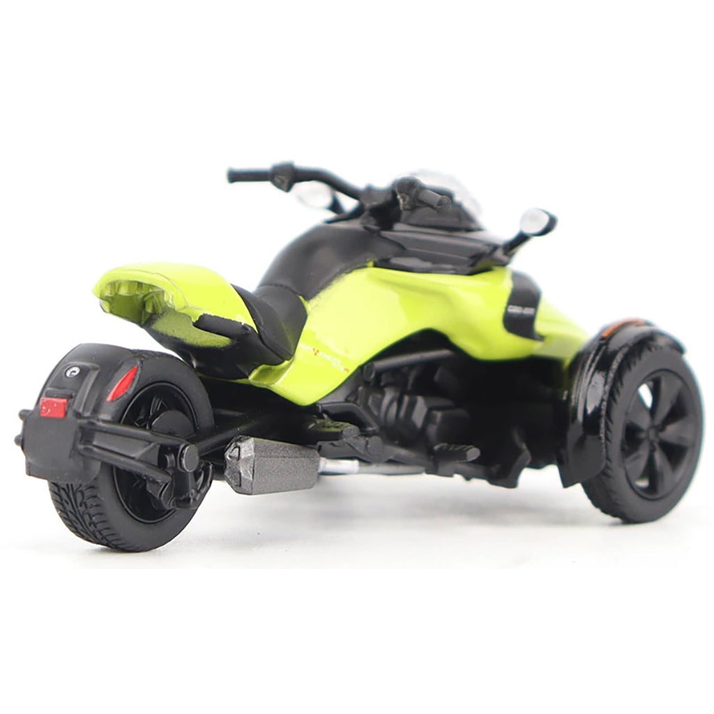 Model of a Can-Am Spyder F3 Special 3-Wheel Motorcycle (Manta Green) on a White Background