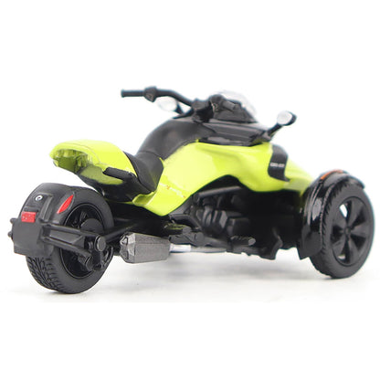 Model of a Can-Am Spyder F3 Special 3-Wheel Motorcycle (Manta Green) on a White Background