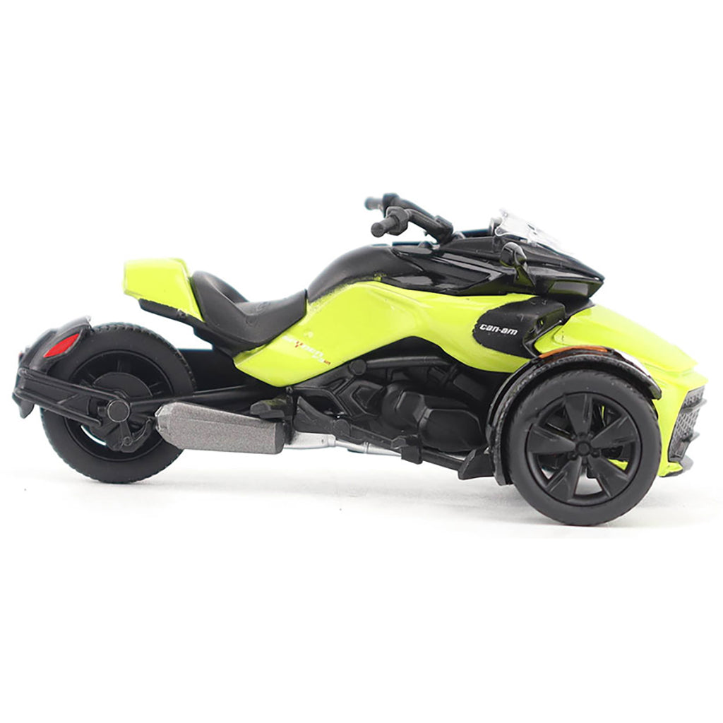 Model of a Can-Am Spyder F3 Special 3-Wheel Motorcycle (Manta Green) on a White Background
