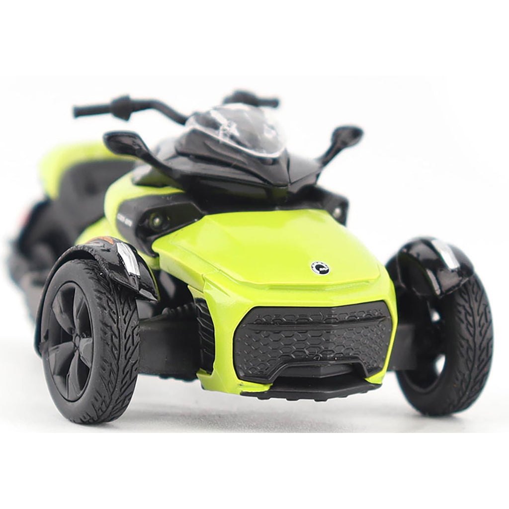 Model of a Can-Am Spyder F3 Special 3-Wheel Motorcycle (Manta Green) on a White Background