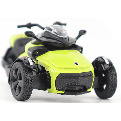 Model of a Can-Am Spyder F3 Special 3-Wheel Motorcycle (Manta Green) on a White Background