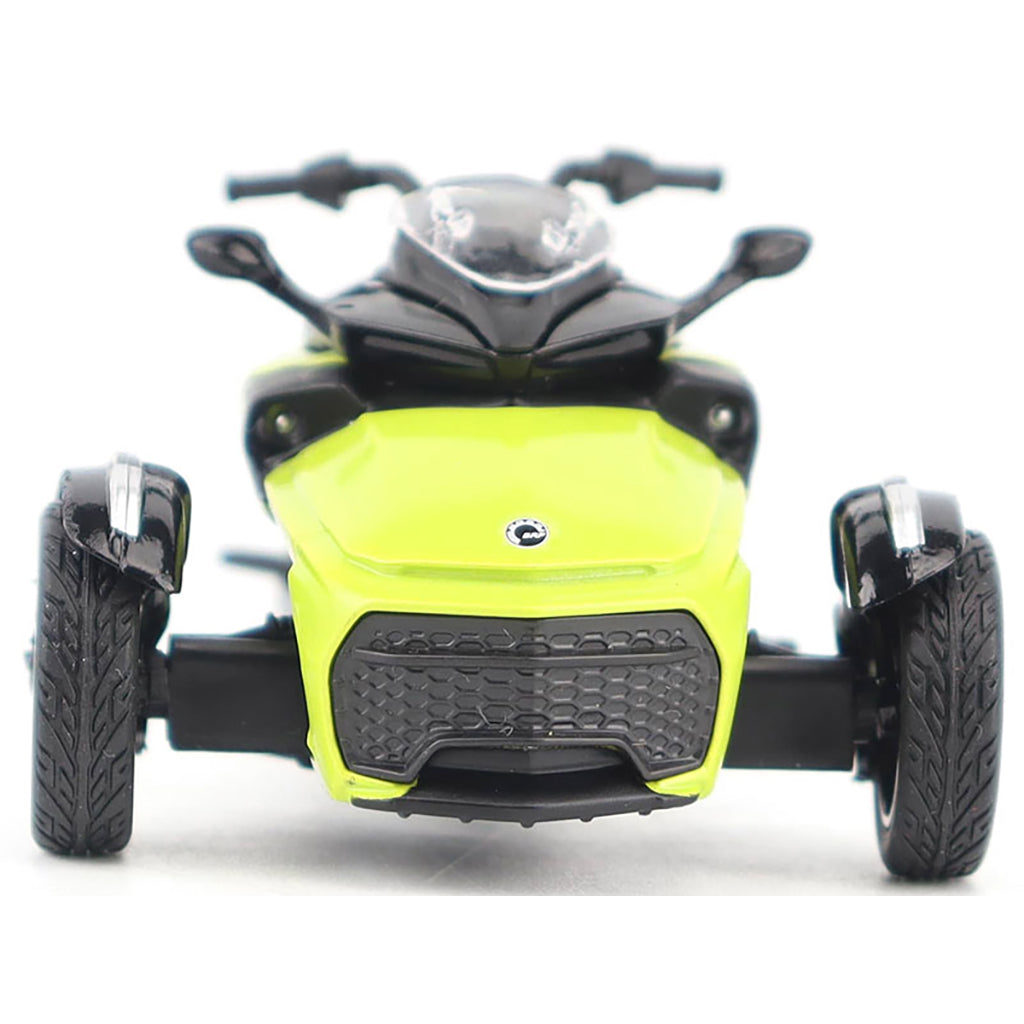 Model of a Can-Am Spyder F3 Special 3-Wheel Motorcycle (Manta Green) on a White Background