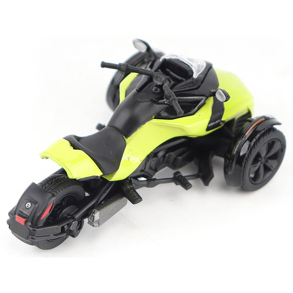 Model of a Can-Am Spyder F3 Special 3-Wheel Motorcycle (Manta Green) on a White Background