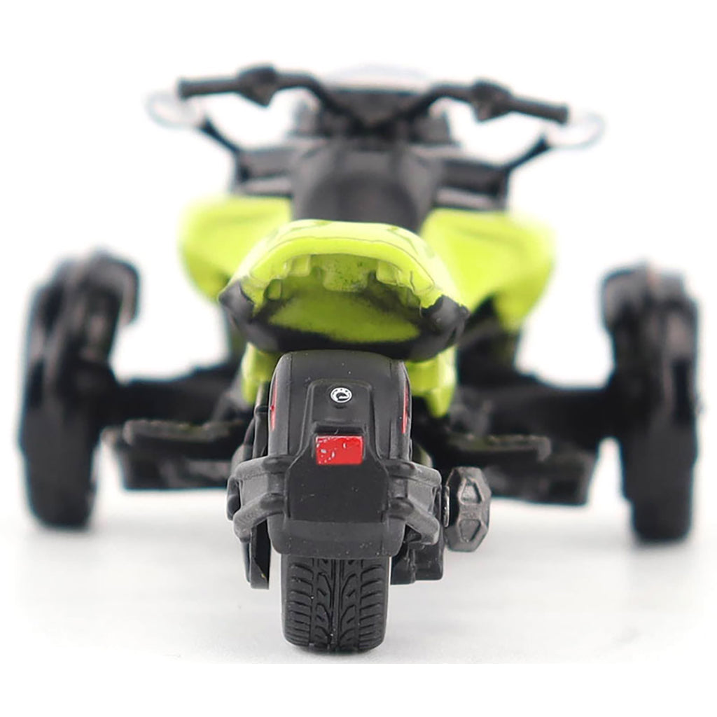 Model of a Can-Am Spyder F3 Special 3-Wheel Motorcycle (Manta Green) on a White Background