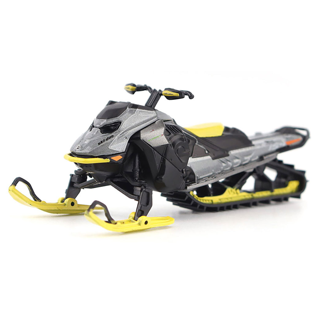 Ski-Doo Summit Model snowmobile with black and yellow details on a white background