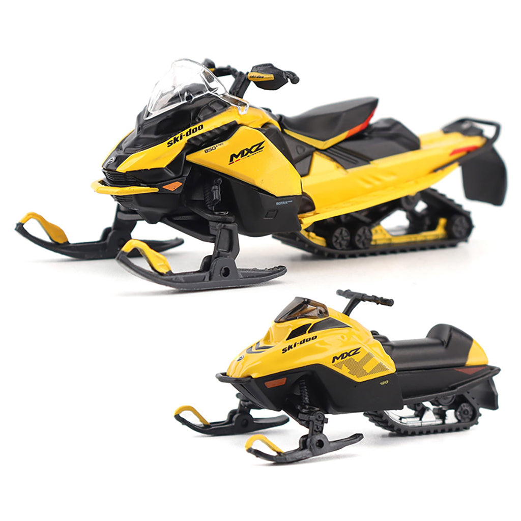 Two yellow and black Ski-Doo snowmobile models on a white background