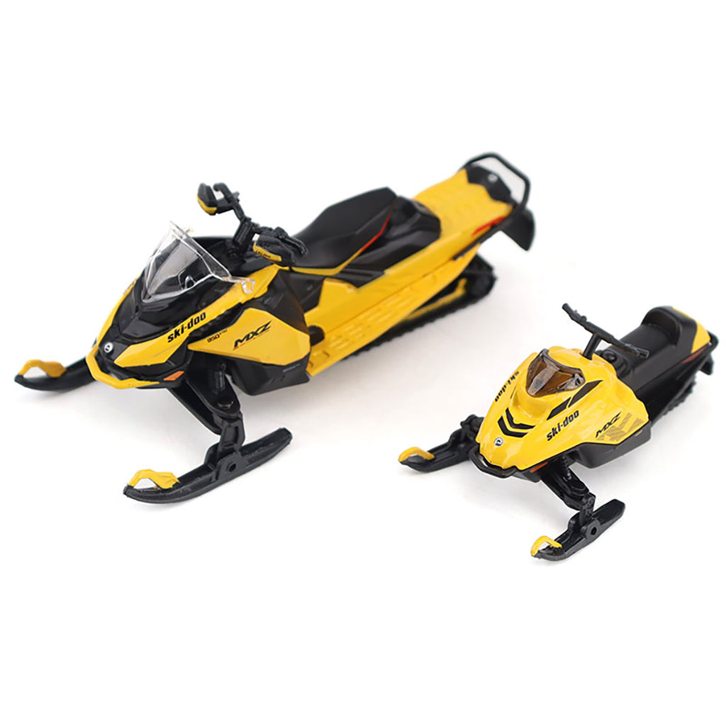 Two yellow and black Ski-Doo snowmobile models on a white background