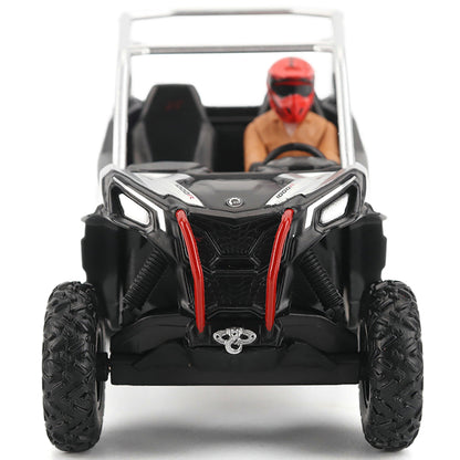 Model of a black and red off-road vehicle with a person inside on a white background