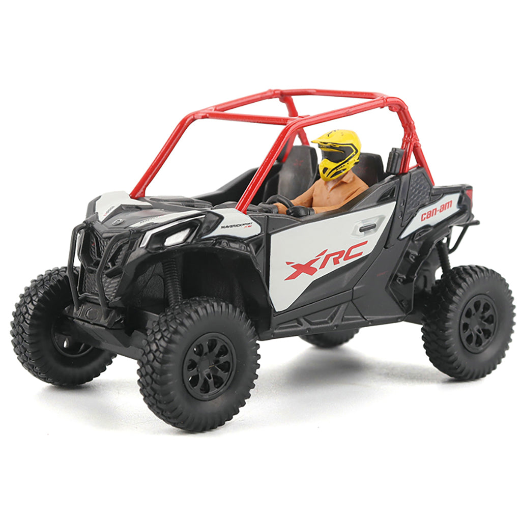 Model off-road vehicle with a driver figure wearing a yellow helmet on a white background