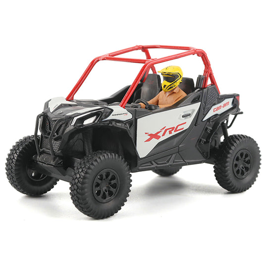 Model off-road vehicle with a driver figure wearing a yellow helmet on a white background