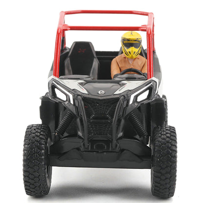 Model of a red and black off-road vehicle with a driver figure wearing a yellow helmet on a white background