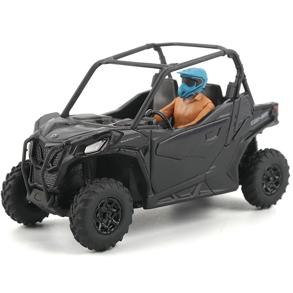Model of a black off-road vehicle with a figure inside on a white background