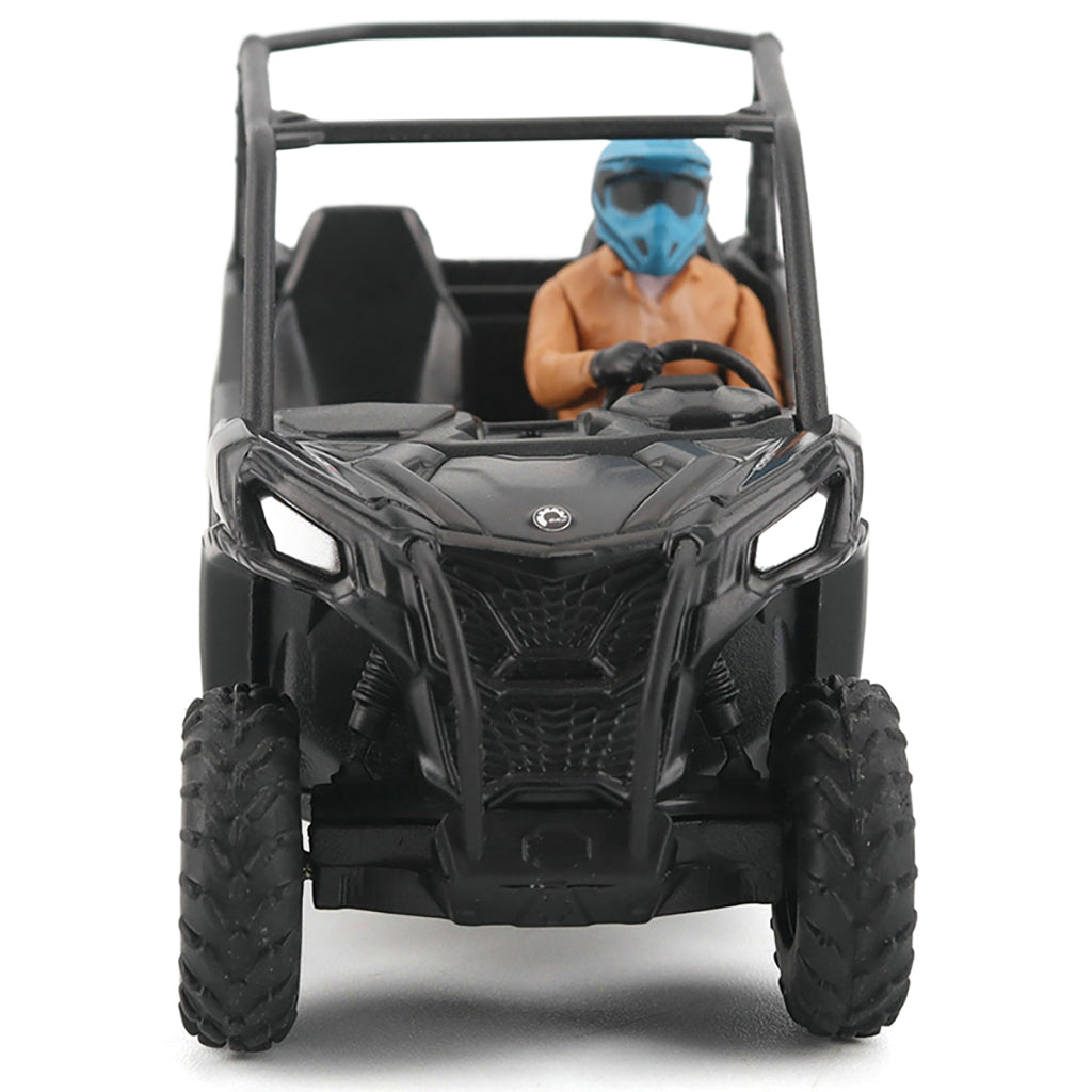 Model of a black off-road vehicle with a person inside on a white background