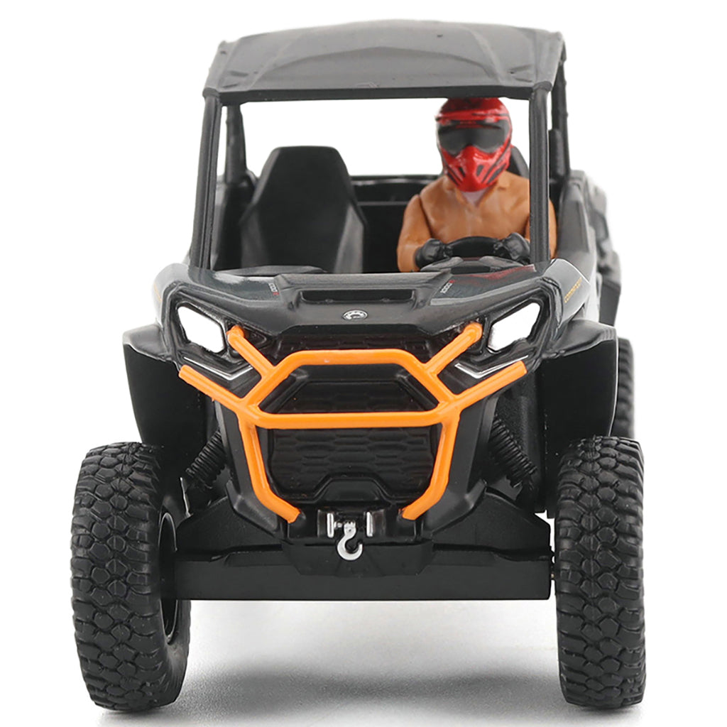Model of a four-wheeler with a person inside on a white background
