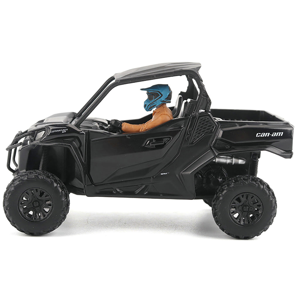 Black Can-Am vehicle with a person wearing a helmet inside on a white background