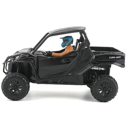 Black Can-Am vehicle with a person wearing a helmet inside on a white background