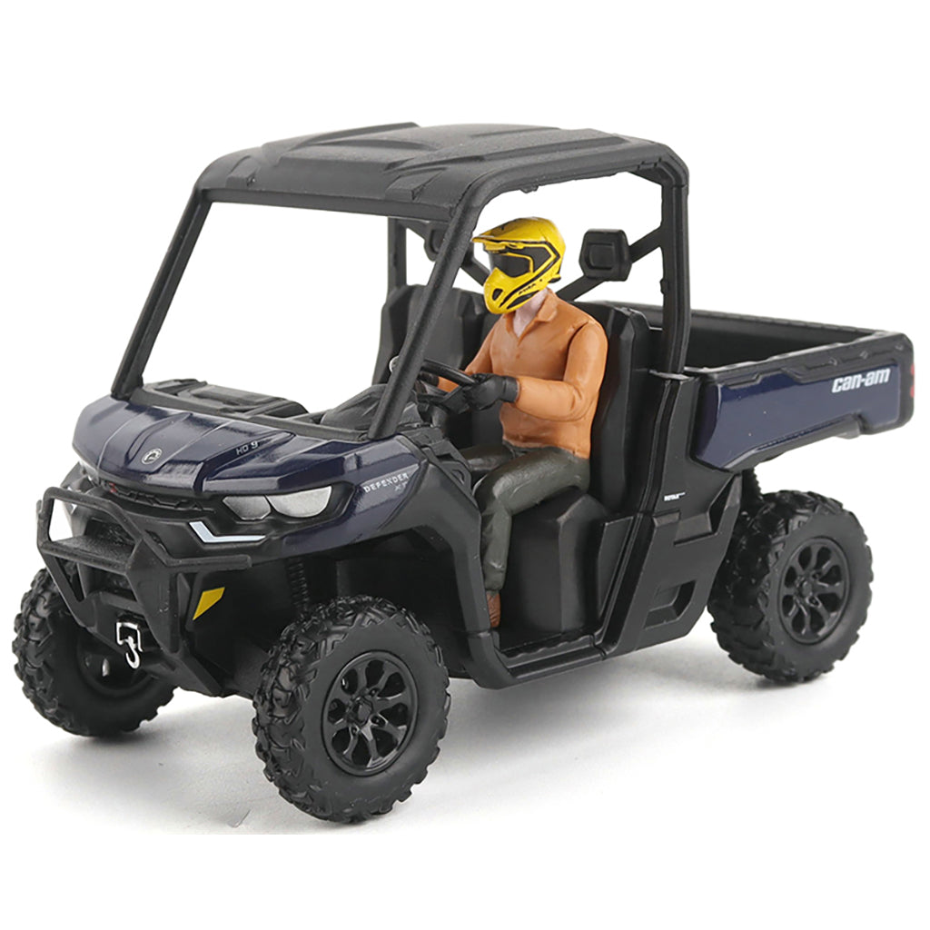 Model of a four-wheeler with a driver figure wearing a helmet on a white background