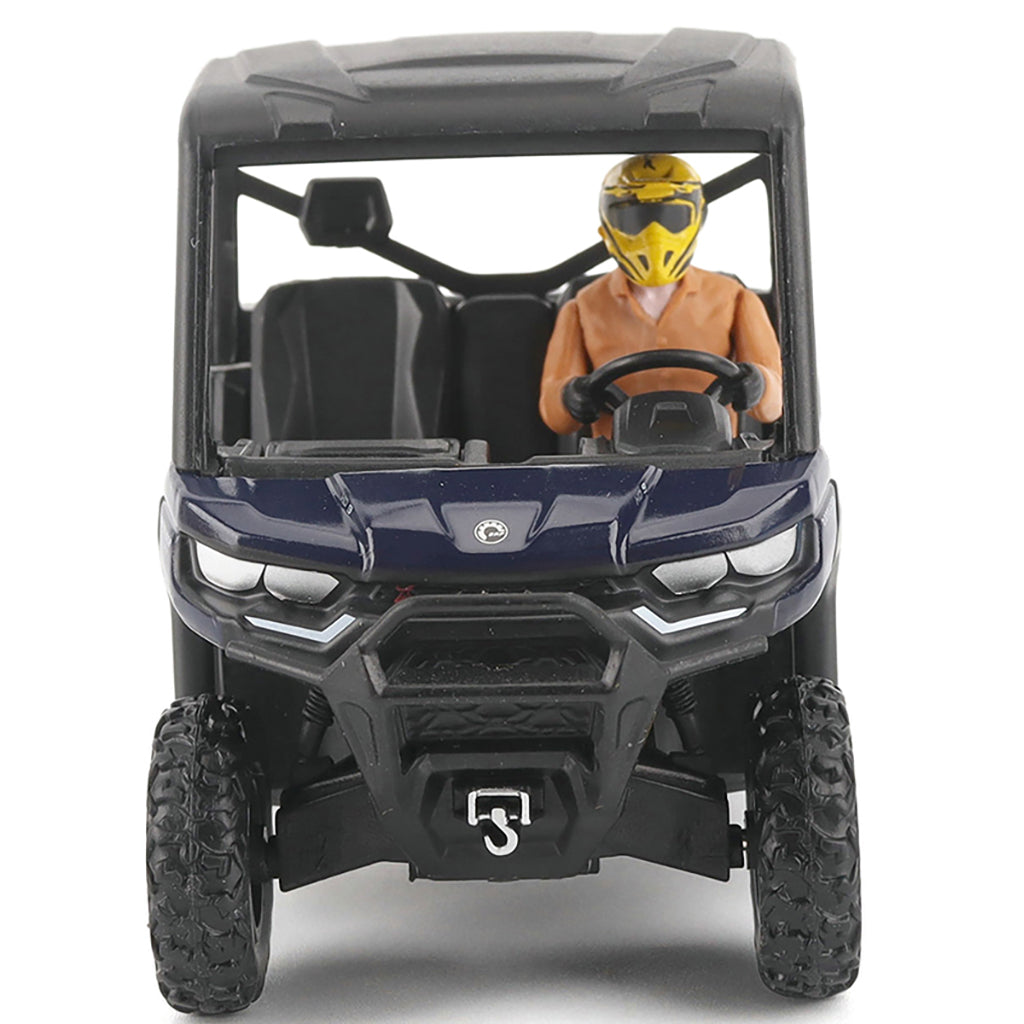 Model of a four-wheeler with a driver figure wearing a helmet on a white background