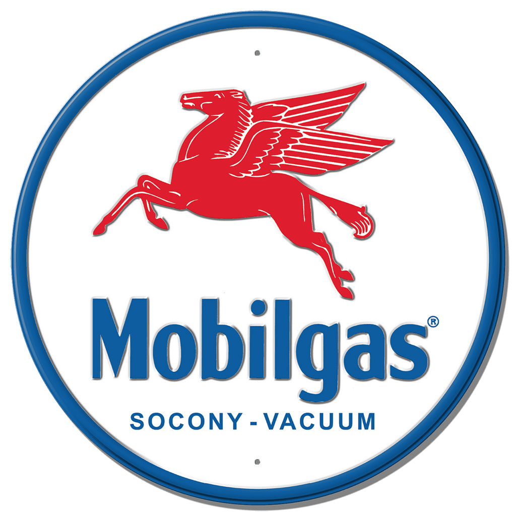Mobilgas logo with a red奔跑的horse and blue text on a white background