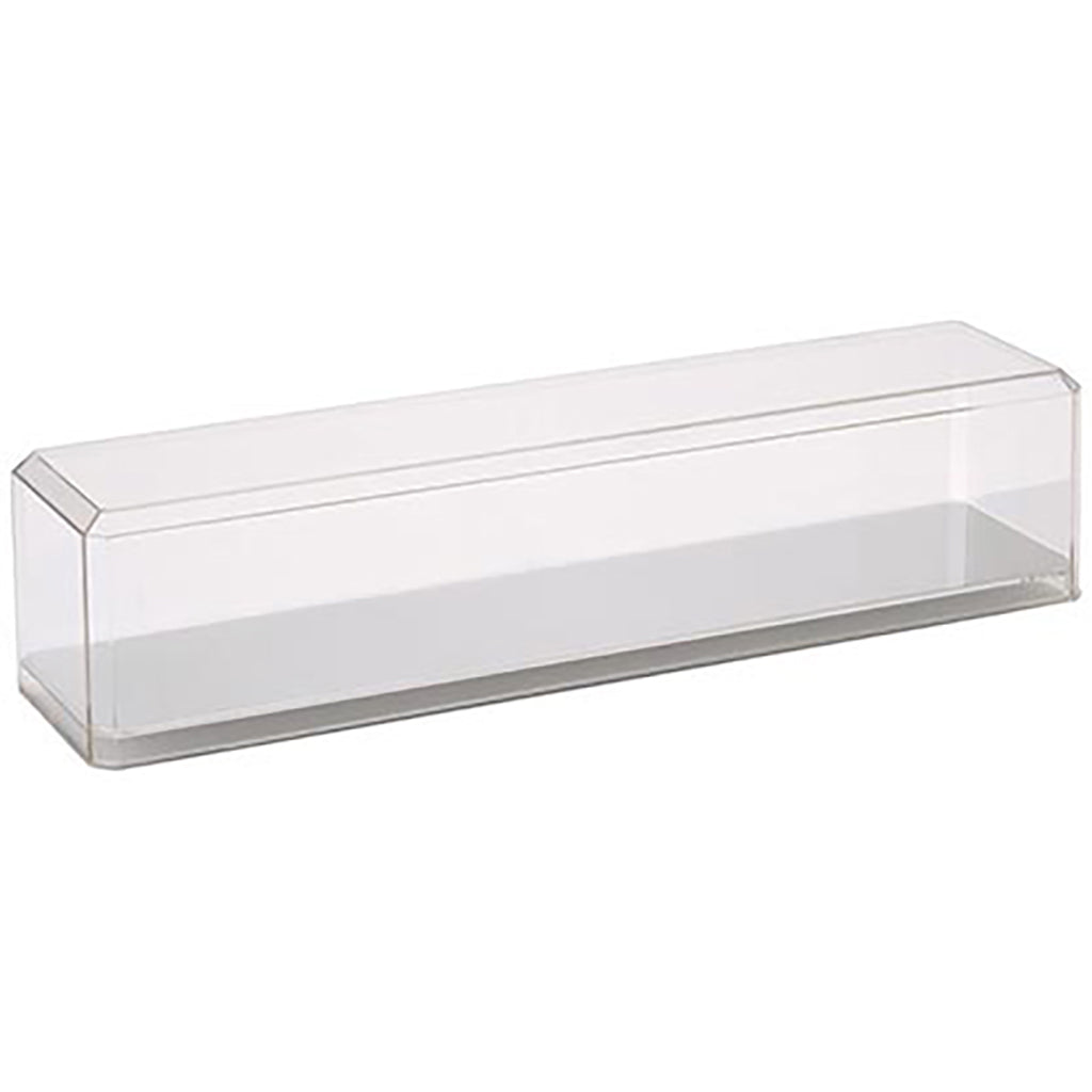 Clear plastic display case on a white background